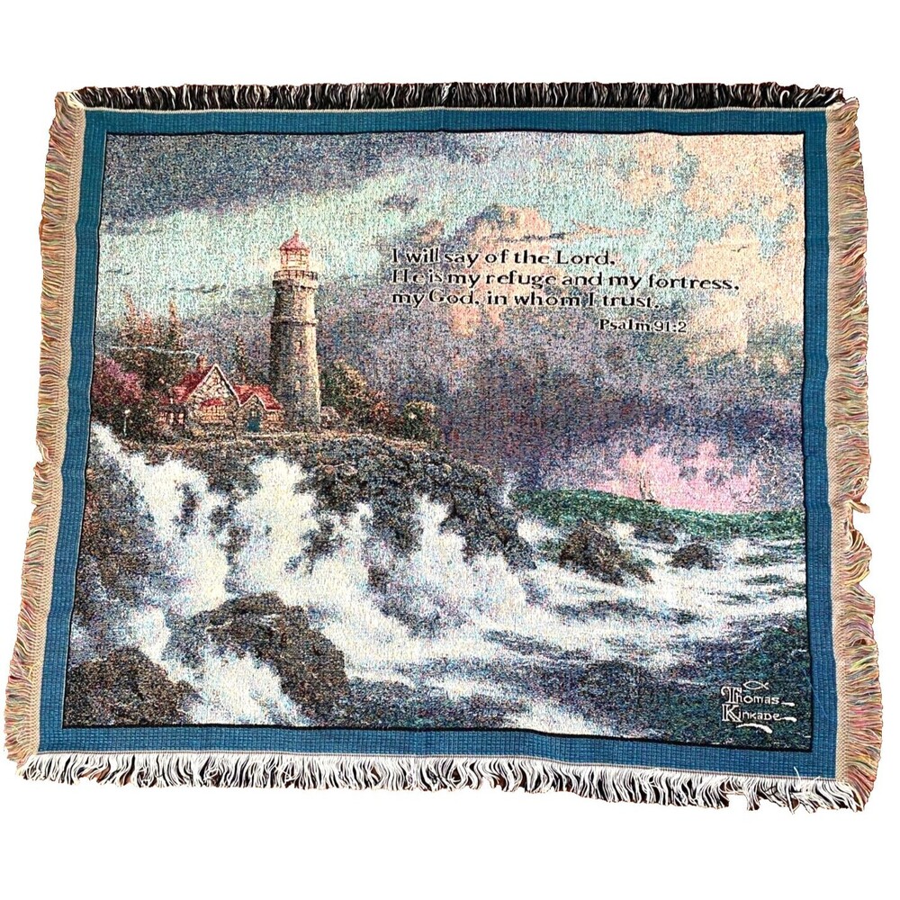 NIP Thomas Kinkade Throw Blanket Conquering the Storms Lighthouse Psalm 91:2 Vtg